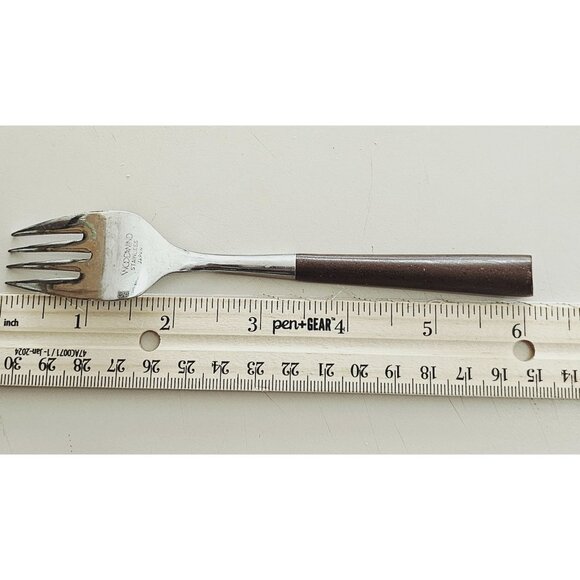4 Woodwind Salad Fork 5" wood-like handle vtg midcentury boho minimalist mixed m - Picture 5 of 9